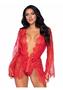 Leg Avenue Floral Lace Teddy With Adjustable Straps And Cheeky Thong Back Matching Lace Robe With Scalloped Trim And Satin Tie - Medium - Red
